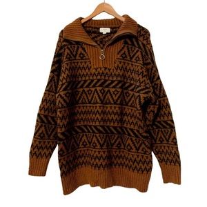 Aerie Brown and Black Fair Isle Printed Zip Up Sweater
